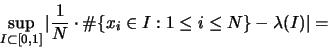 \begin{displaymath}
\sup_{I \subset [0,1]} \vert \frac{1}{N} \cdot
\char93  \{x_i \in I:1 \leq i \leq N \}-\lambda(I)\vert =
\end{displaymath}