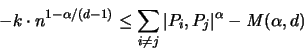 \begin{displaymath}
-k \cdot n^{1-\alpha/(d-1)} \leq
\sum_{i \neq j} \vert P_i,P_j \vert ^{\alpha} -{\mathit M}(\alpha,d)
\end{displaymath}